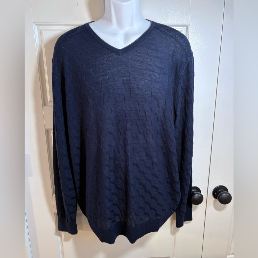 RAFFI Italian Basket Weave Light Weight V Neck Navy Wool Blend Sweater Mens XL
